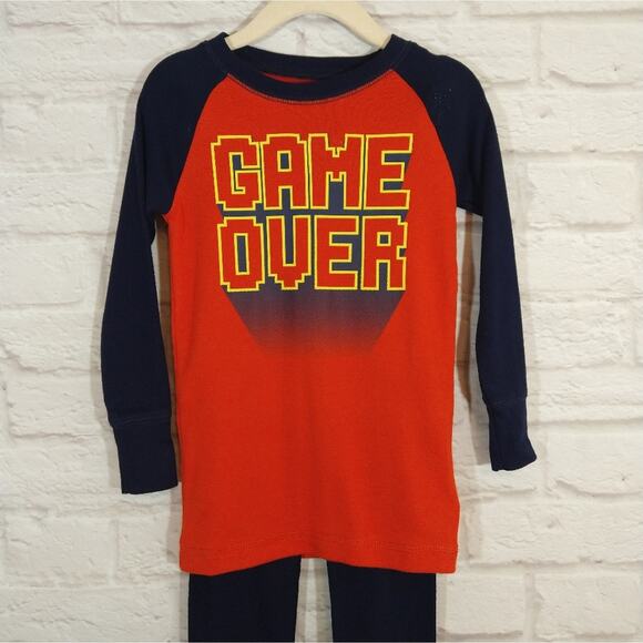 F Gap Kids Boys Orange Navy Game Over Organic Cotton Long Sleeve PJ Set NWT 4 - Picture 2 of 9